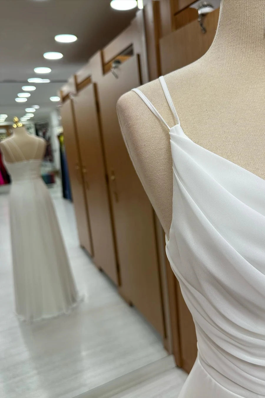 Pure White Spaghetti Straps Cowl Neck A-Line Long Bridesmaid Dress AB065