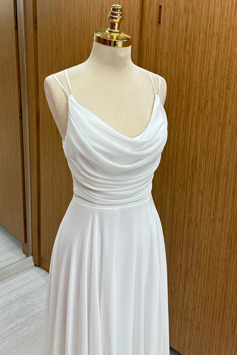 Pure White Spaghetti Straps Cowl Neck A-Line Long Bridesmaid Dress AB065