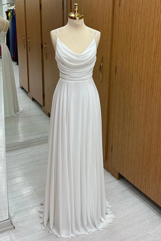 Pure White Spaghetti Straps Cowl Neck A-Line Long Bridesmaid Dress AB065