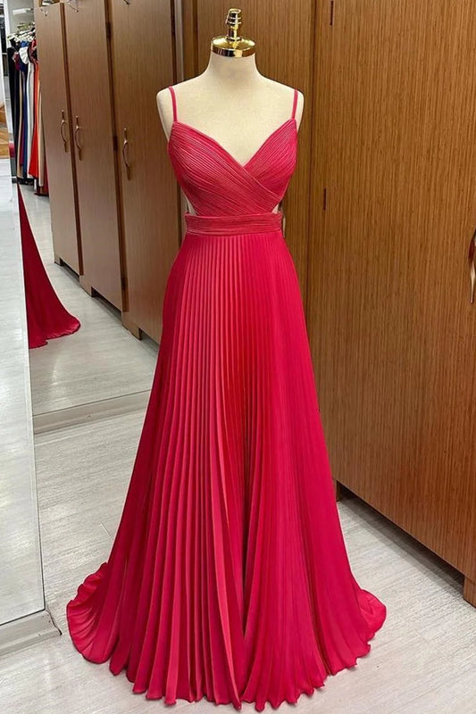 Vibrant Hot Pink Spaghetti Straps V Neck Cutout Waist Pleated Chiffon A Line Long Bridesmaid Dress AB066