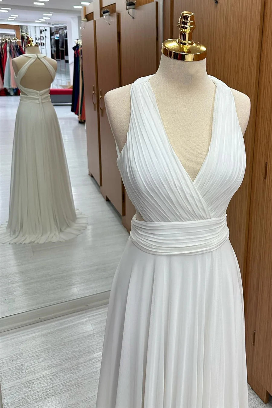 Pure White Halter Deep V Waist Cutout Pleated A Line Chiffon Long Bridesmaid Dress AB067