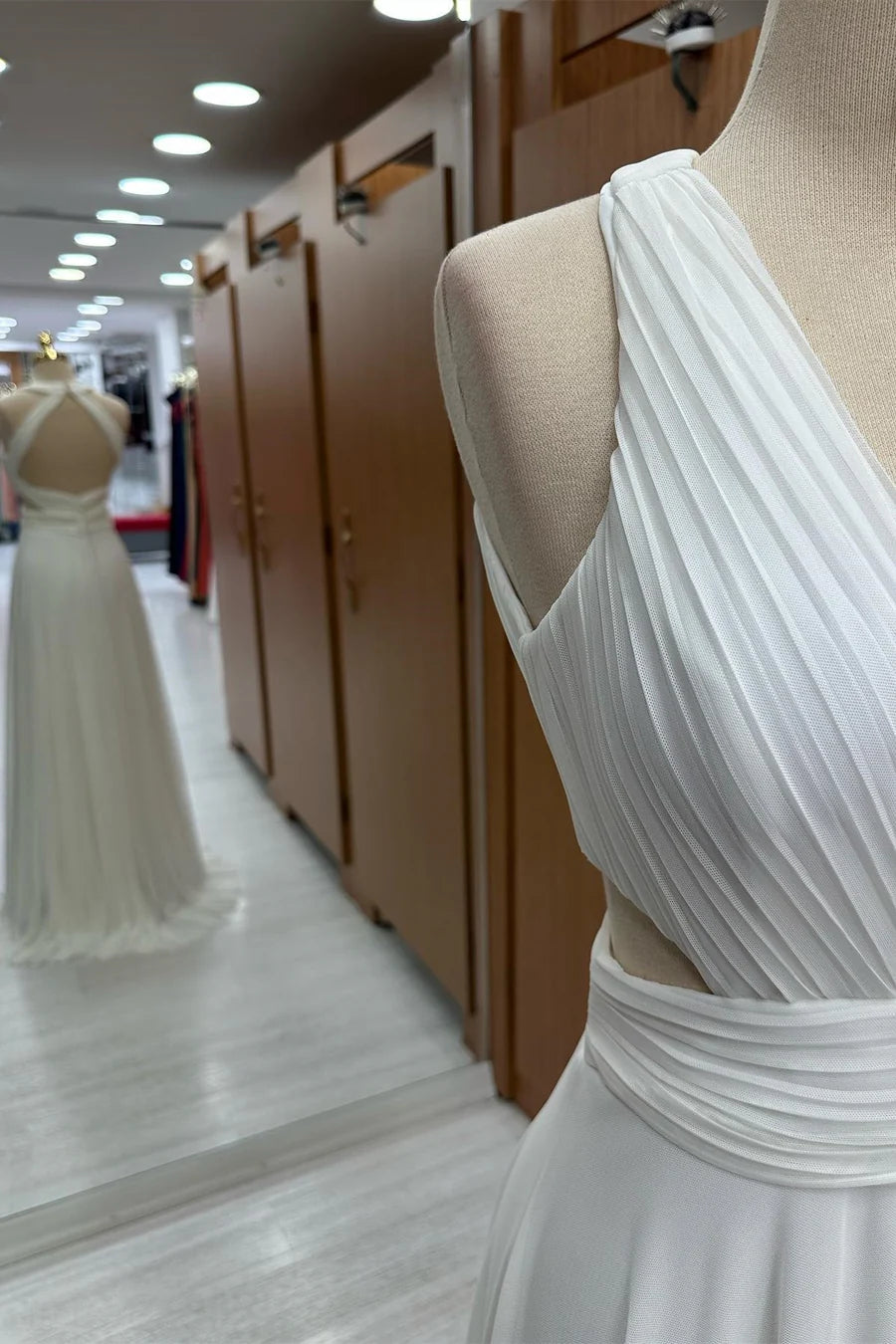 Pure White Halter Deep V Waist Cutout Pleated A Line Chiffon Long Bridesmaid Dress AB067