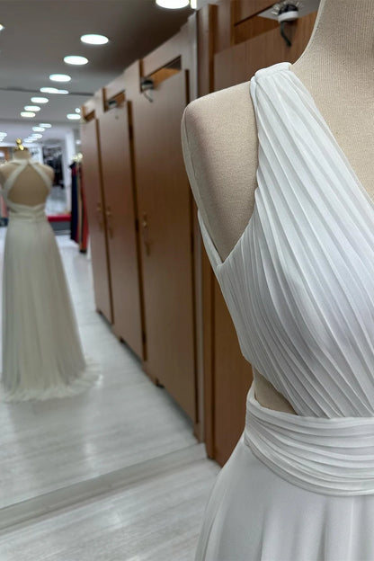 Pure White Halter Deep V Waist Cutout Pleated A Line Chiffon Long Bridesmaid Dress AB067