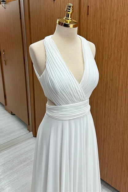 Pure White Halter Deep V Waist Cutout Pleated A Line Chiffon Long Bridesmaid Dress AB067