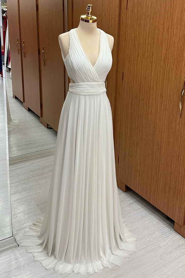 Pure White Halter Deep V Waist Cutout Pleated A Line Chiffon Long Bridesmaid Dress AB067