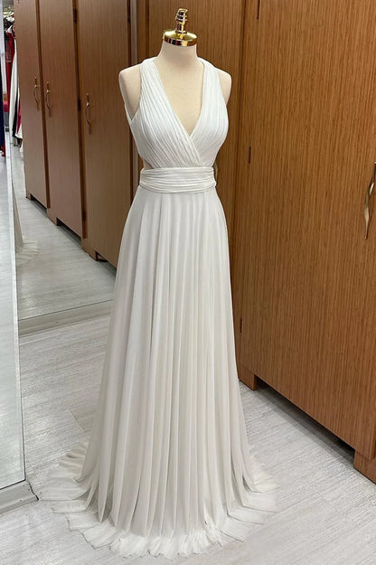 Pure White Halter Deep V Waist Cutout Pleated A Line Chiffon Long Bridesmaid Dress AB067