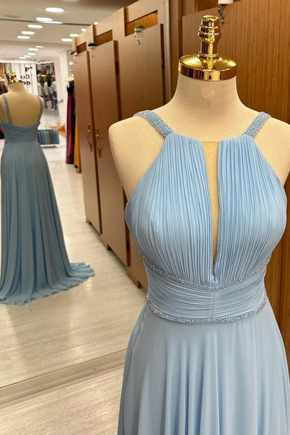 Soft Light Blue Beaded Halter Plunge V Chiffon A-Line Long Bridesmaid Dress AB068