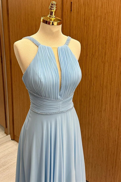 Soft Light Blue Beaded Halter Plunge V Chiffon A-Line Long Bridesmaid Dress AB068