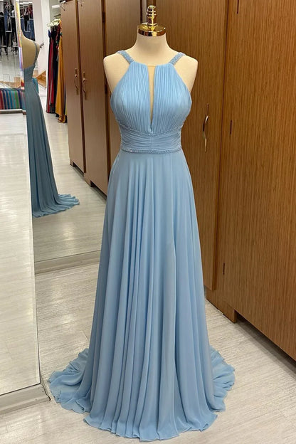 Soft Light Blue Beaded Halter Plunge V Chiffon A-Line Long Bridesmaid Dress AB068