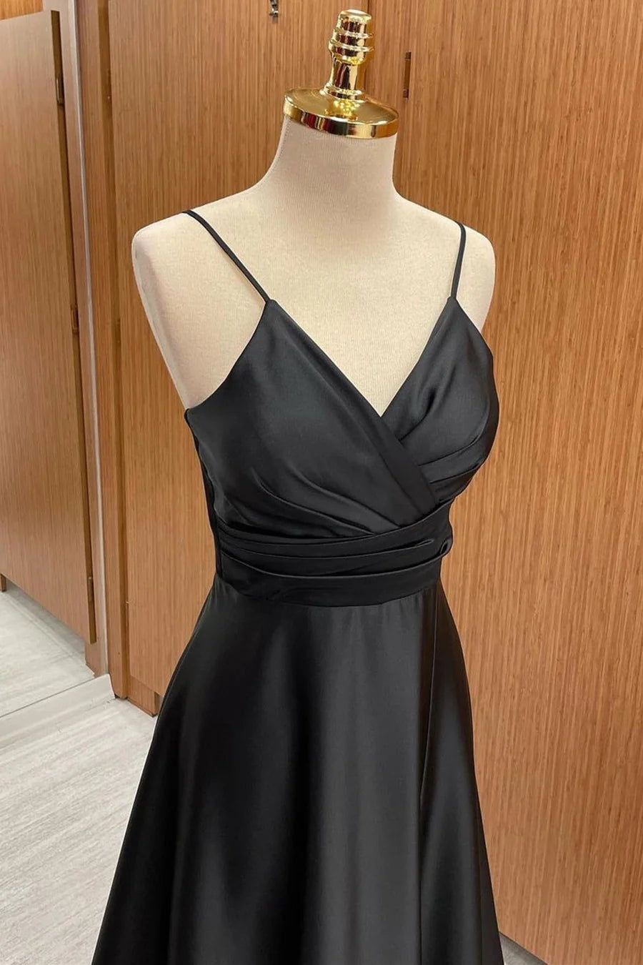 Sleek Black Spaghetti Straps V Neck Ruched Empire Waist Satin A-Line Floor Long Bridesmaid Dress AB069