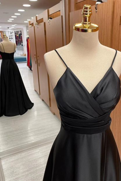 Sleek Black Spaghetti Straps V Neck Ruched Empire Waist Satin A-Line Floor Long Bridesmaid Dress AB069