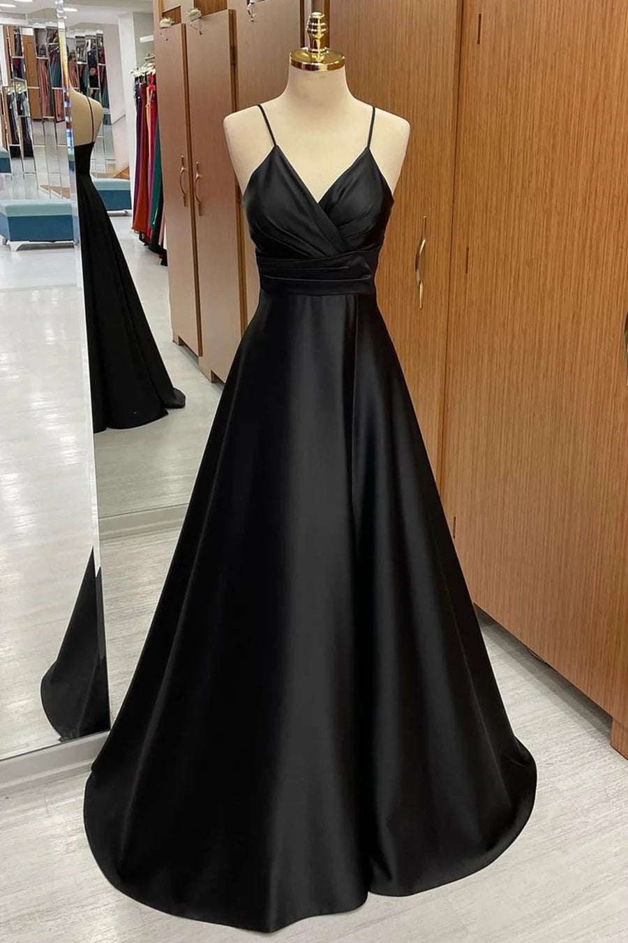 Sleek Black Spaghetti Straps V Neck Ruched Empire Waist Satin A-Line Floor Long Bridesmaid Dress AB069
