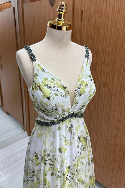 Fresh White Base Green Floral Print Beaded Spaghetti Straps Plunge V Chiffon A-Line Long Bridesmaid Dress AB070