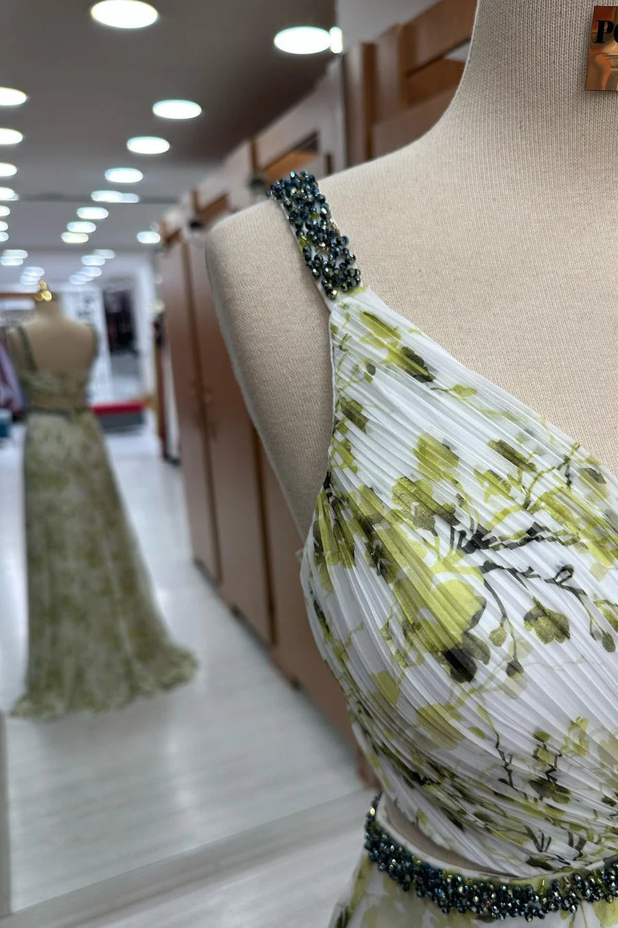 Fresh White Base Green Floral Print Beaded Spaghetti Straps Plunge V Chiffon A-Line Long Bridesmaid Dress AB070