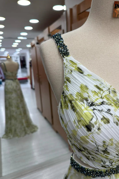 Fresh White Base Green Floral Print Beaded Spaghetti Straps Plunge V Chiffon A-Line Long Bridesmaid Dress AB070