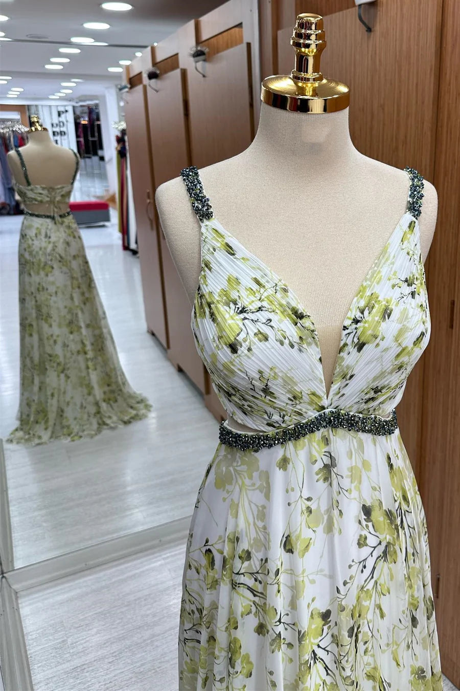Fresh White Base Green Floral Print Beaded Spaghetti Straps Plunge V Chiffon A-Line Long Bridesmaid Dress AB070