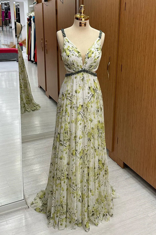 Fresh White Base Green Floral Print Beaded Spaghetti Straps Plunge V Chiffon A-Line Long Bridesmaid Dress AB070