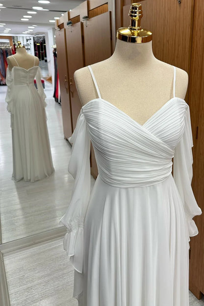 Pure White Spaghetti Straps Off Shoulder Flowy Ruffle Long Sleeve Cross Ruched Chiffon A-Line Long Bridesmaid Dress AB071