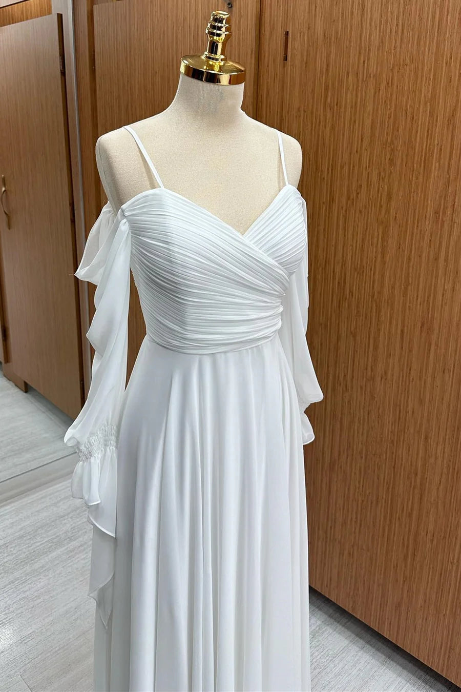 Pure White Spaghetti Straps Off Shoulder Flowy Ruffle Long Sleeve Cross Ruched Chiffon A-Line Long Bridesmaid Dress AB071