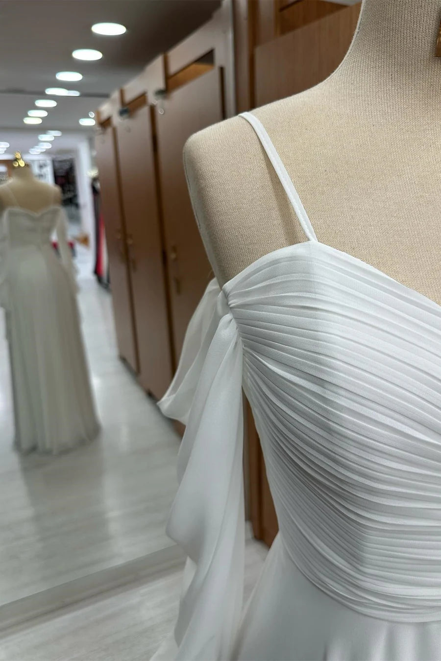 Pure White Spaghetti Straps Off Shoulder Flowy Ruffle Long Sleeve Cross Ruched Chiffon A-Line Long Bridesmaid Dress AB071