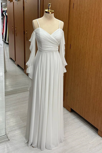 Pure White Spaghetti Straps Off Shoulder Flowy Ruffle Long Sleeve Cross Ruched Chiffon A-Line Long Bridesmaid Dress AB071