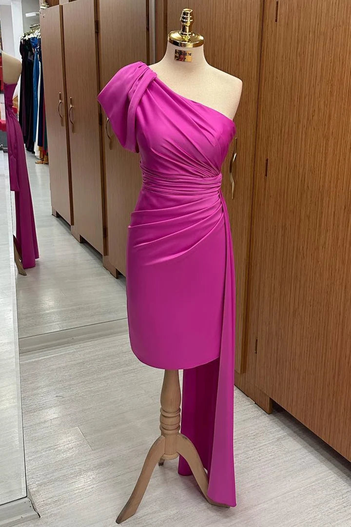 Vibrant Hot Pink One Shoulder Ruched Satin Bodycon Midi Bridesmaid Dress With Train AB072