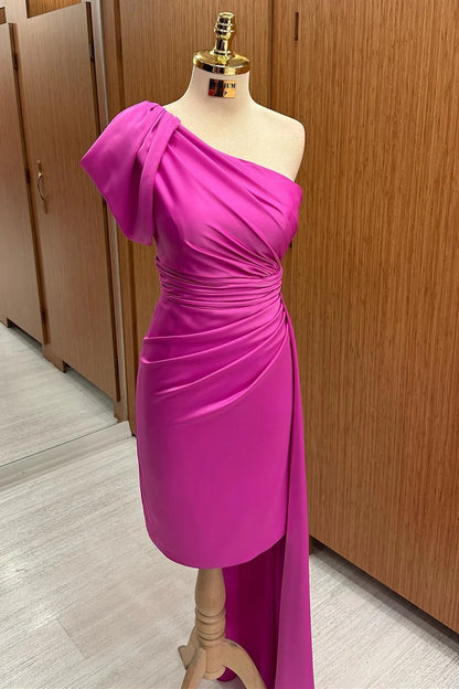 Vibrant Hot Pink One Shoulder Ruched Satin Bodycon Midi Bridesmaid Dress With Train AB072