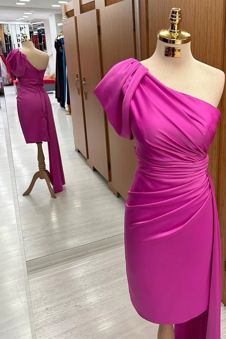 Vibrant Hot Pink One Shoulder Ruched Satin Bodycon Midi Bridesmaid Dress With Train AB072
