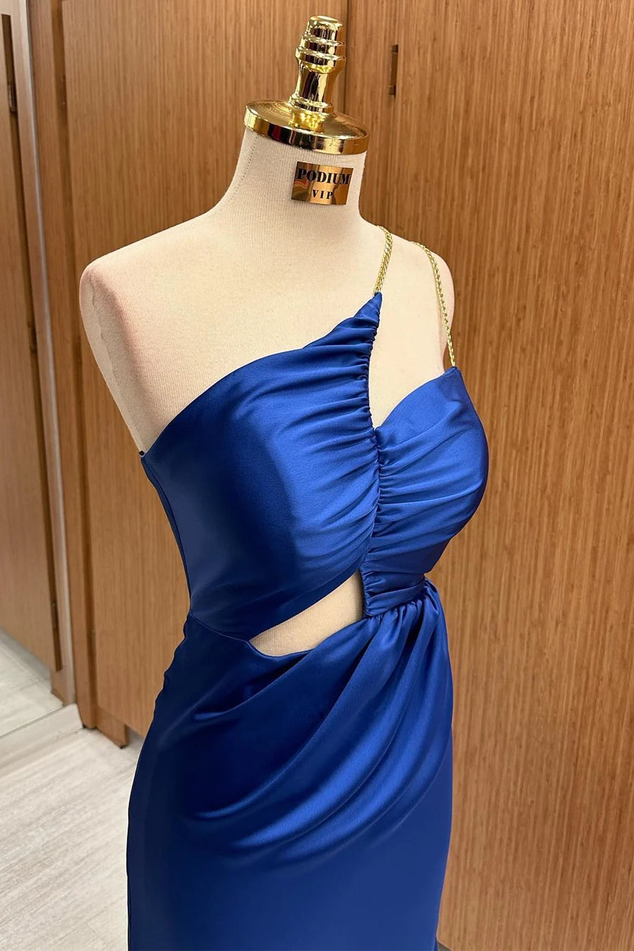 Rich Royal Blue Gold Chain One Shoulder Strap Ruched Bust Waist Cutout Satin Mermaid Long Bridesmaid Dress AB073