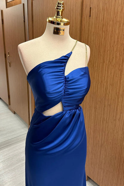Rich Royal Blue Gold Chain One Shoulder Strap Ruched Bust Waist Cutout Satin Mermaid Long Bridesmaid Dress AB073