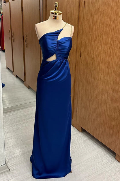 Rich Royal Blue Gold Chain One Shoulder Strap Ruched Bust Waist Cutout Satin Mermaid Long Bridesmaid Dress AB073