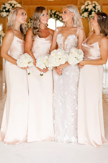 Elegant Champagne Cowl Neck Spaghetti Strap Long Sheath Bridesmaid Dress AB074