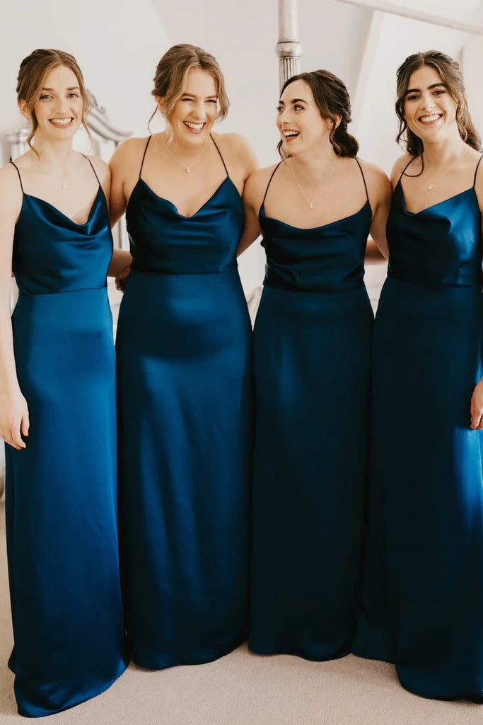Elegant Champagne Cowl Neck Spaghetti Strap Long Sheath Bridesmaid Dress AB074