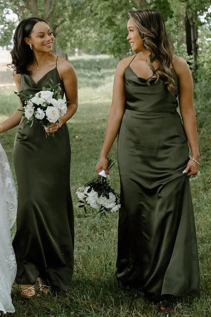 Elegant Champagne Cowl Neck Spaghetti Strap Long Sheath Bridesmaid Dress AB074