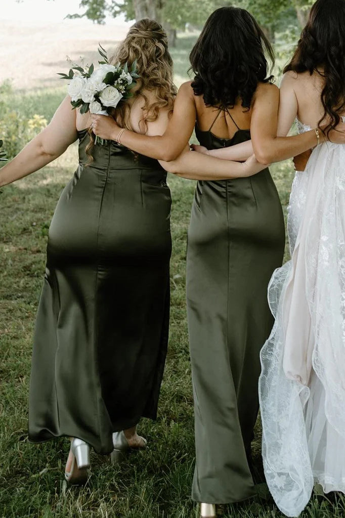 Elegant Champagne Cowl Neck Spaghetti Strap Long Sheath Bridesmaid Dress AB074