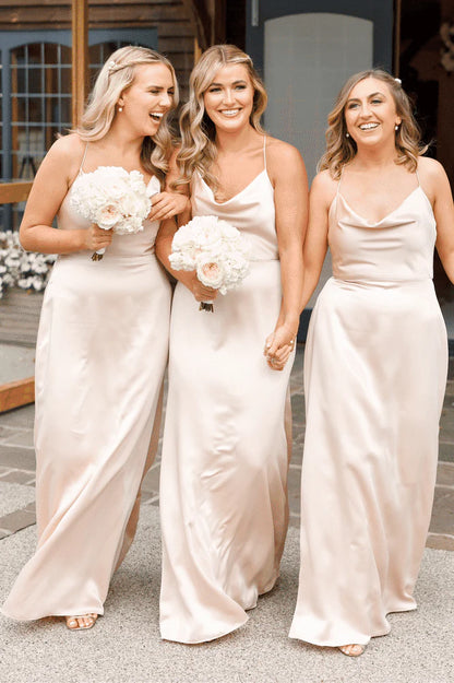 Elegant Champagne Cowl Neck Spaghetti Strap Long Sheath Bridesmaid Dress AB074