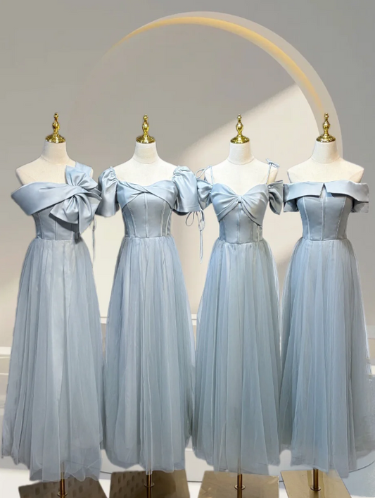 Hot Sale Dusty Blue Multi-Style Set One Shoulder Big Bow / Puff Short Sleeve / Spaghetti Strap Sweetheart / Fold Off Shoulder Boned Corset Bodice Flowy A Line Tulle Long Bridesmaid Dress AB075