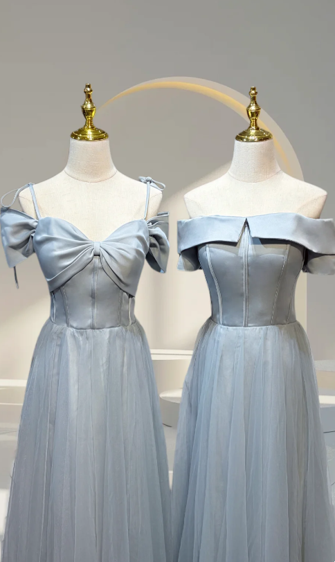 Hot Sale Dusty Blue Multi-Style Set One Shoulder Big Bow / Puff Short Sleeve / Spaghetti Strap Sweetheart / Fold Off Shoulder Boned Corset Bodice Flowy A Line Tulle Long Bridesmaid Dress AB075