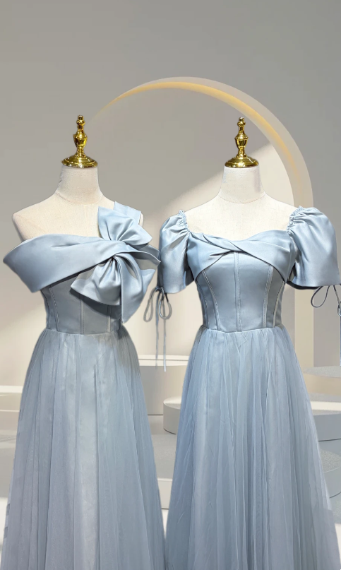 Hot Sale Dusty Blue Multi-Style Set One Shoulder Big Bow / Puff Short Sleeve / Spaghetti Strap Sweetheart / Fold Off Shoulder Boned Corset Bodice Flowy A Line Tulle Long Bridesmaid Dress AB075