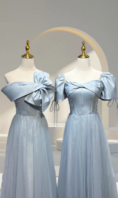 Hot Sale Dusty Blue Multi-Style Set One Shoulder Big Bow / Puff Short Sleeve / Spaghetti Strap Sweetheart / Fold Off Shoulder Boned Corset Bodice Flowy A Line Tulle Long Bridesmaid Dress AB075