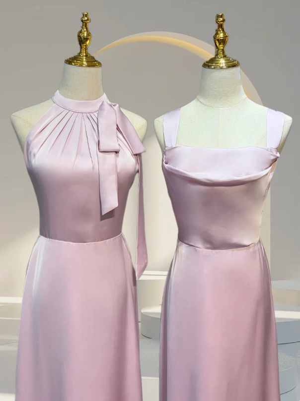 Elegant Pink Multi-Style Set Halter Neck Bow / Wide Strap Cowl Neck / Spaghetti Strap Satin A Line Long Bridesmaid Dress AB077