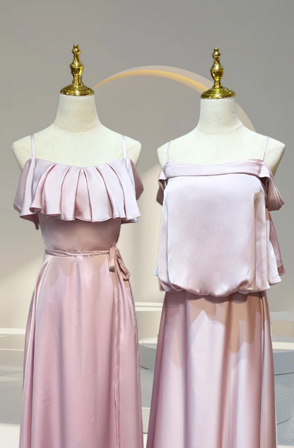 Elegant Pink Multi-Style Set Halter Neck Bow / Wide Strap Cowl Neck / Spaghetti Strap Satin A Line Long Bridesmaid Dress AB077