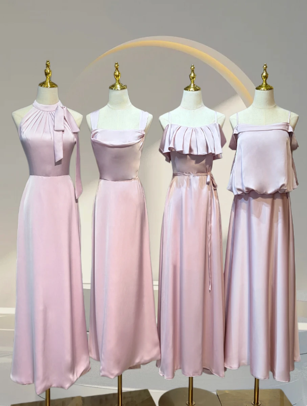 Elegant Pink Multi-Style Set Halter Neck Bow / Wide Strap Cowl Neck / Spaghetti Strap Satin A Line Long Bridesmaid Dress AB077