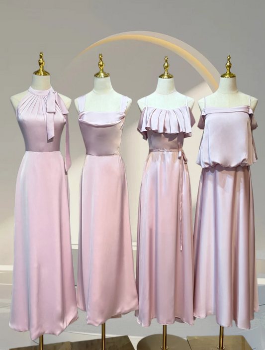 Elegant Pink Multi-Style Set Halter Neck Bow / Wide Strap Cowl Neck / Spaghetti Strap Satin A Line Long Bridesmaid Dress AB077