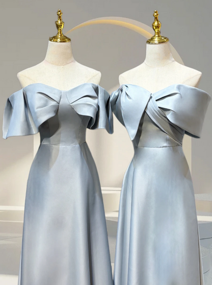 Romantic Dusty Blue Set Strapless /Off Shoulder Bow Satin A Line Long Bridesmaid Dress AB078