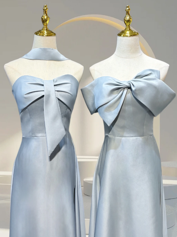 Romantic Dusty Blue Set Strapless /Off Shoulder Bow Satin A Line Long Bridesmaid Dress AB078
