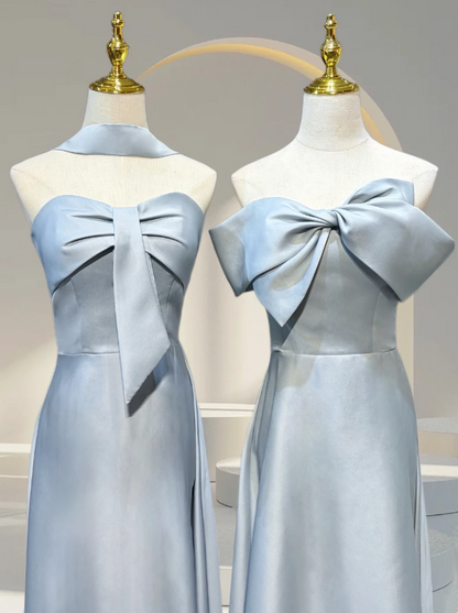 Romantic Dusty Blue Set Strapless /Off Shoulder Bow Satin A Line Long Bridesmaid Dress AB078
