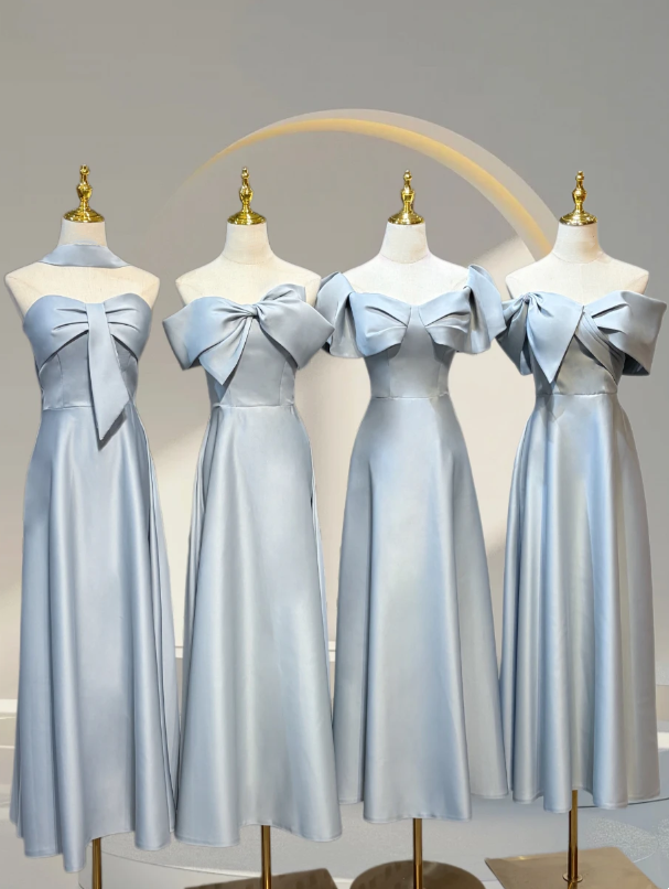 Romantic Dusty Blue Set Strapless /Off Shoulder Bow Satin A Line Long Bridesmaid Dress AB078
