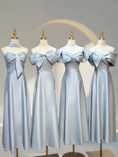 Romantic Dusty Blue Set Strapless /Off Shoulder Bow Satin A Line Long Bridesmaid Dress AB078