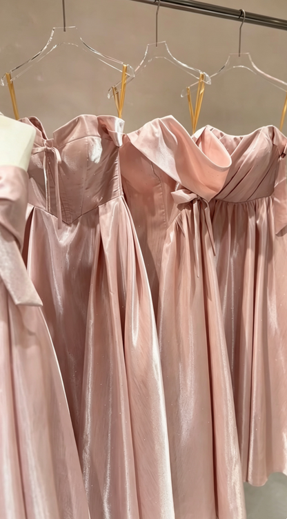 Glitter Pink Multi-Style Set Strapless/Off Shoulder A-Line Satin Long Bridesmaid Dress AB079